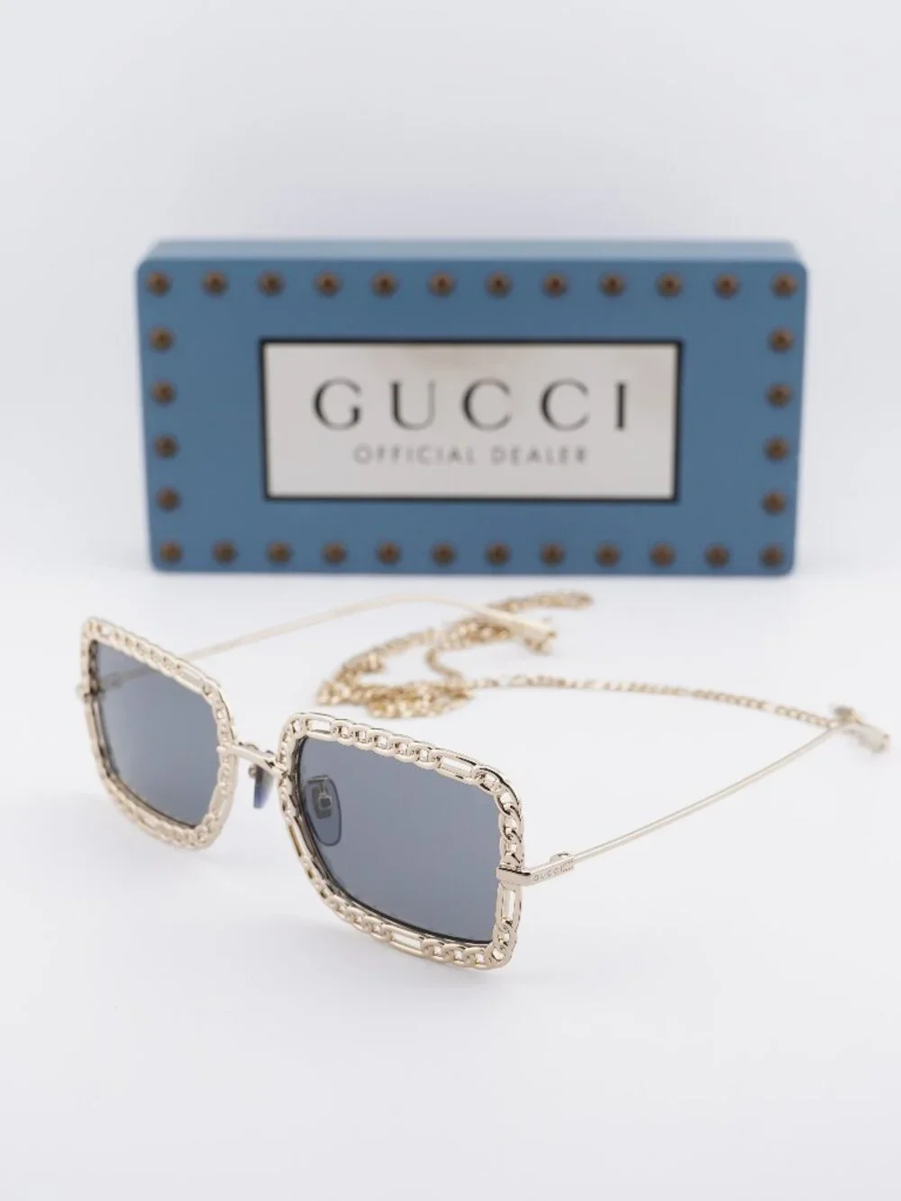 Gucci GG1112S 001 Square Sunglasses - Gold with Gold Chain/Grey